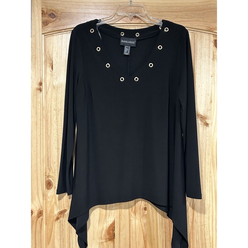 Frank Lyman Design Women’s Black Tunic V Neck Long Sleeve Gold Hardware Flowy 12